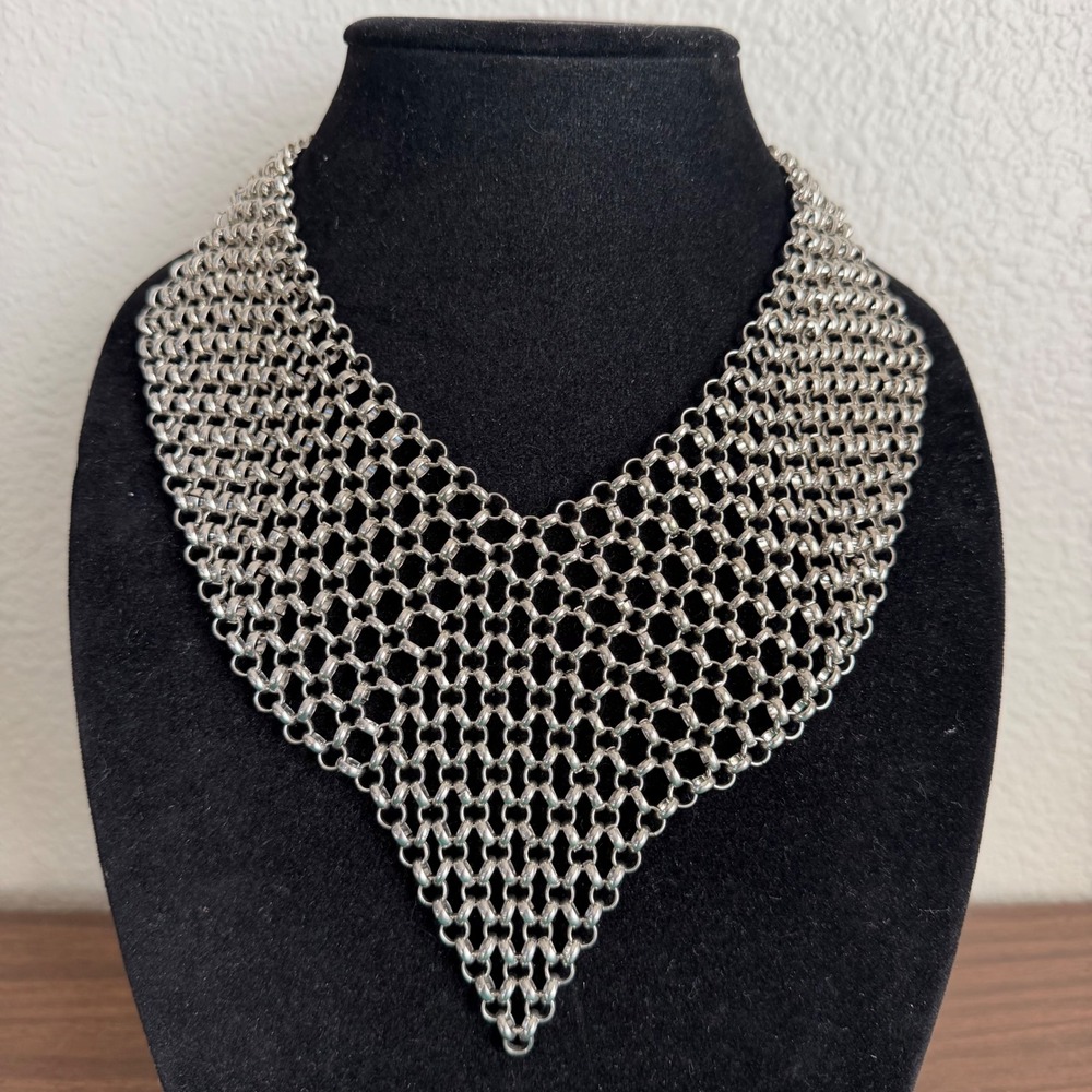 Silver Tone Chainmail Bib Necklace Statement Wide Mesh Collar Jewelry Boho Goth